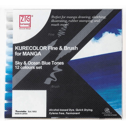 Zig Kurecolor Manga 12'li Gökyüzü ve Okyanus Mavisi Renkler Çift Taraflı Marker Set C-2200/12VSO