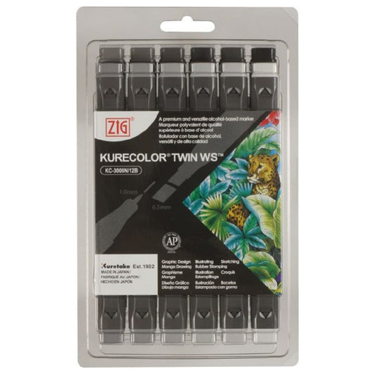 Zig Kurecolor Twin Sıcak Gri Renkler 12'li Marker Set - Sanatçı, Tasarım ve İllüstrasyon Kalemi